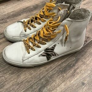 Golden Goose White High-Top Sneakers with Yellow Laces